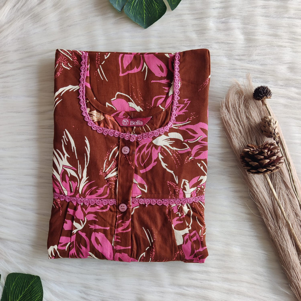 Pink Printed Brown Discharge Cotton Lace Button Nighty | Free Size | Chest Width 44"| Length 54"-56"