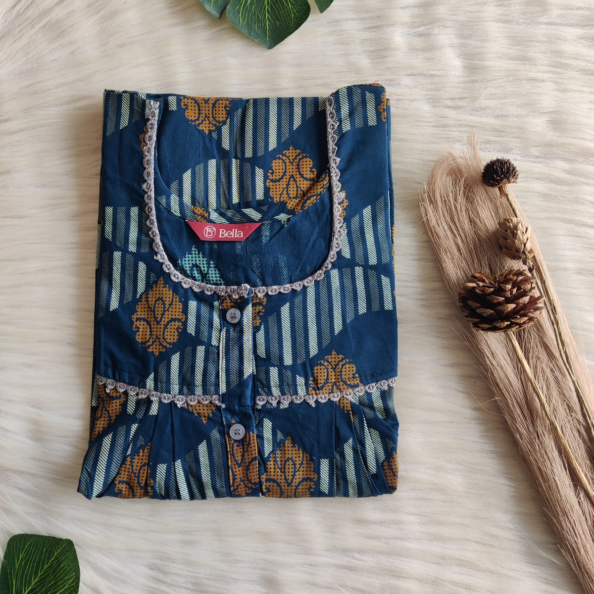 Orange Printed Teal Green Discharge Cotton Lace Button Nighty | Free Size | Chest Width 44"| Length 54"-56"