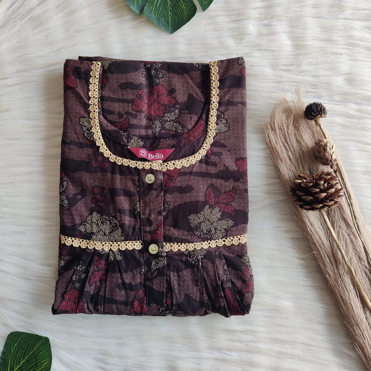 Red Floral Printed Coffee Brown Discharge Cotton Lace Button Nighty | Free Size | Chest Width 44"| Length 54"-56"