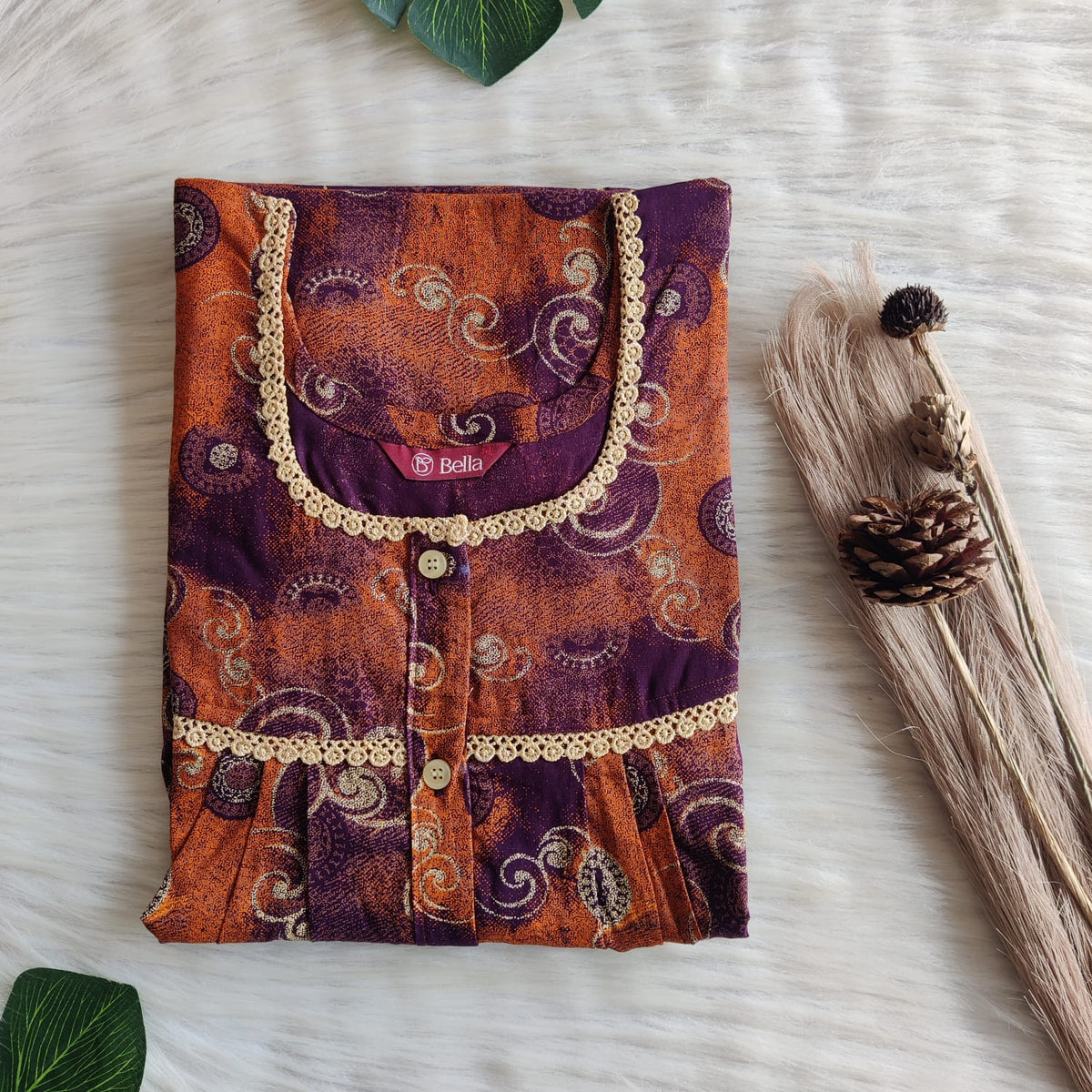 Orange Printed Wine Discharge Cotton Lace Button Nighty | Free Size | Chest Width 44"| Length 54"-56"