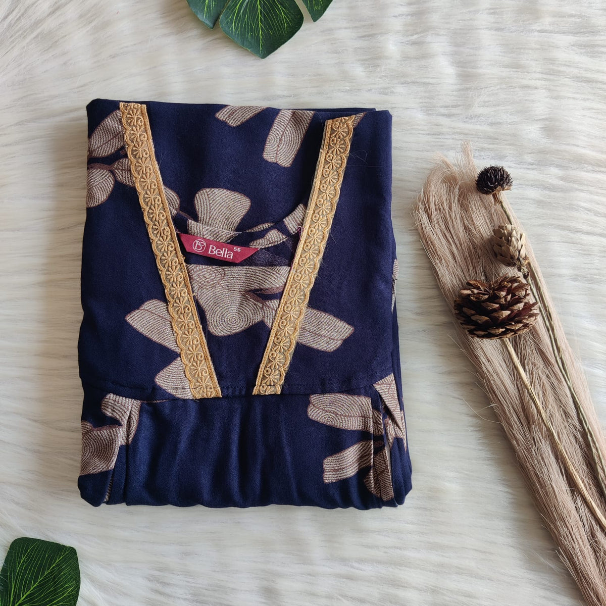 Cream Floral Printed Navy Blue Printed Alfine Two Side Vertical Zip Lace Nighty | Free Size | Chest Width 44″ | Length 56″