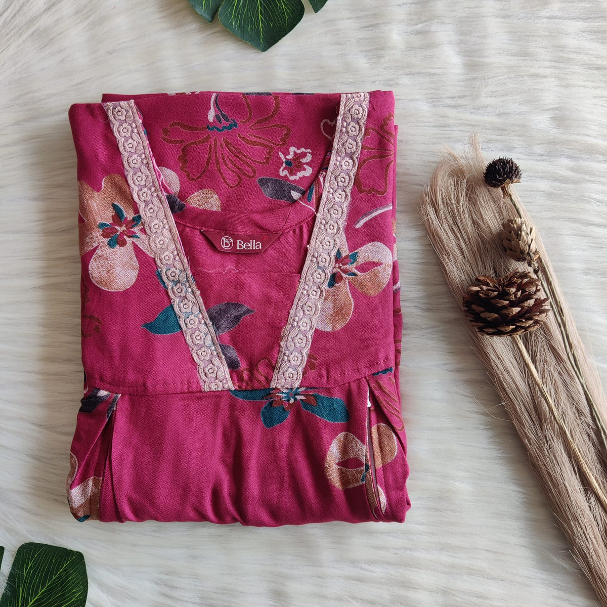 Pink Floral Printed Alfine Two Side Vertical Zip Lace Nighty | Free Size | Chest Width 44″ | Length 56″