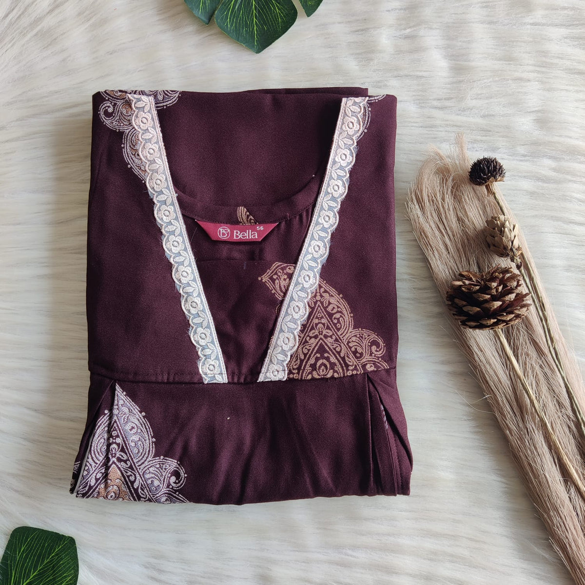 Coffee Brown Printed Alfine Two Side Vertical Zip Lace Nighty | Free Size | Chest Width 44″ | Length 56″