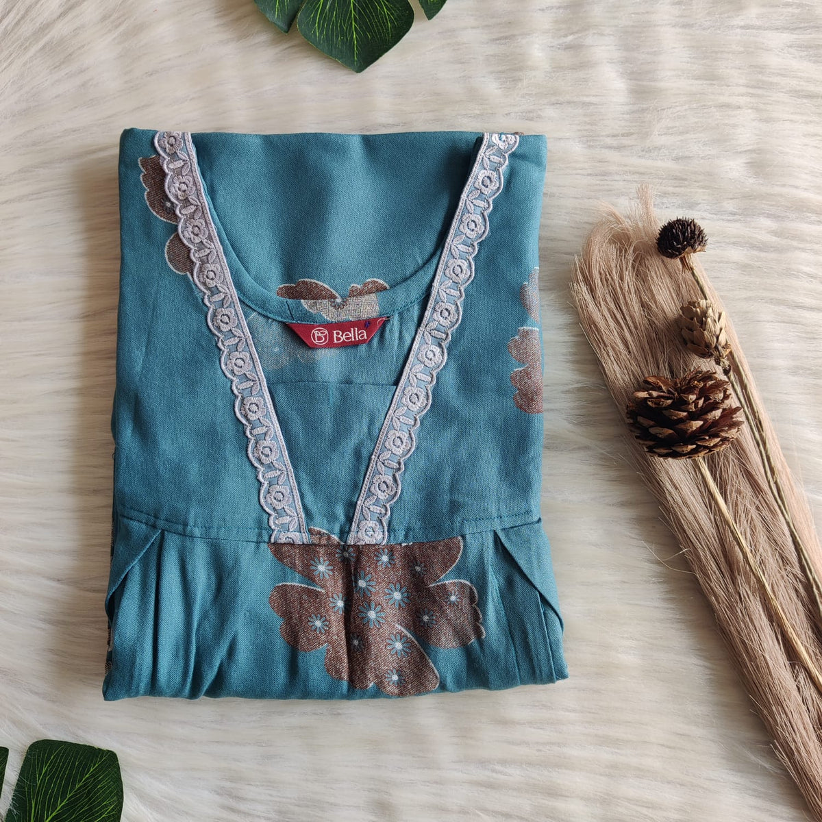 Blue Printed Alfine Two Side Vertical Zip Lace Nighty | Free Size | Chest Width 44″ | Length 56″