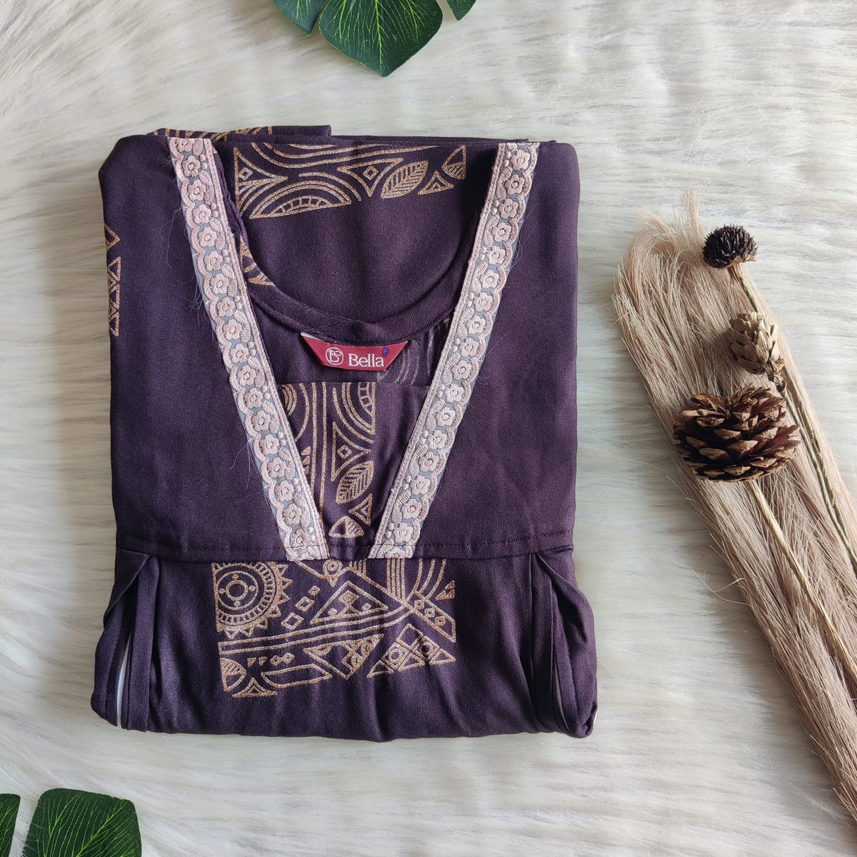 Dark Grey Printed Alfine Two Side Vertical Zip Lace Nighty | Free Size | Chest Width 44″ | Length 56″