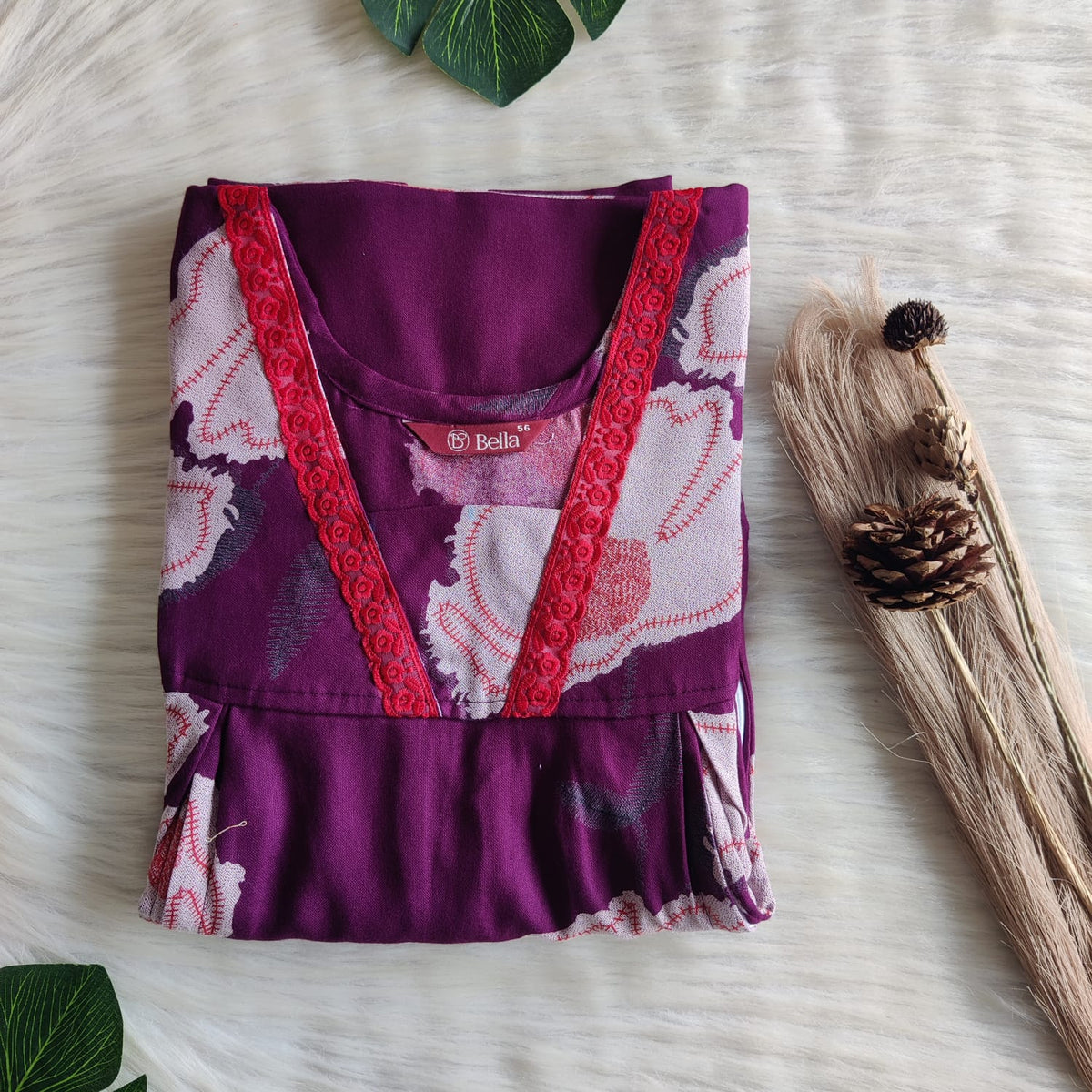 Wine Printed Alfine Two Side Vertical Zip Lace Nighty | Free Size | Chest Width 44″ | Length 56″