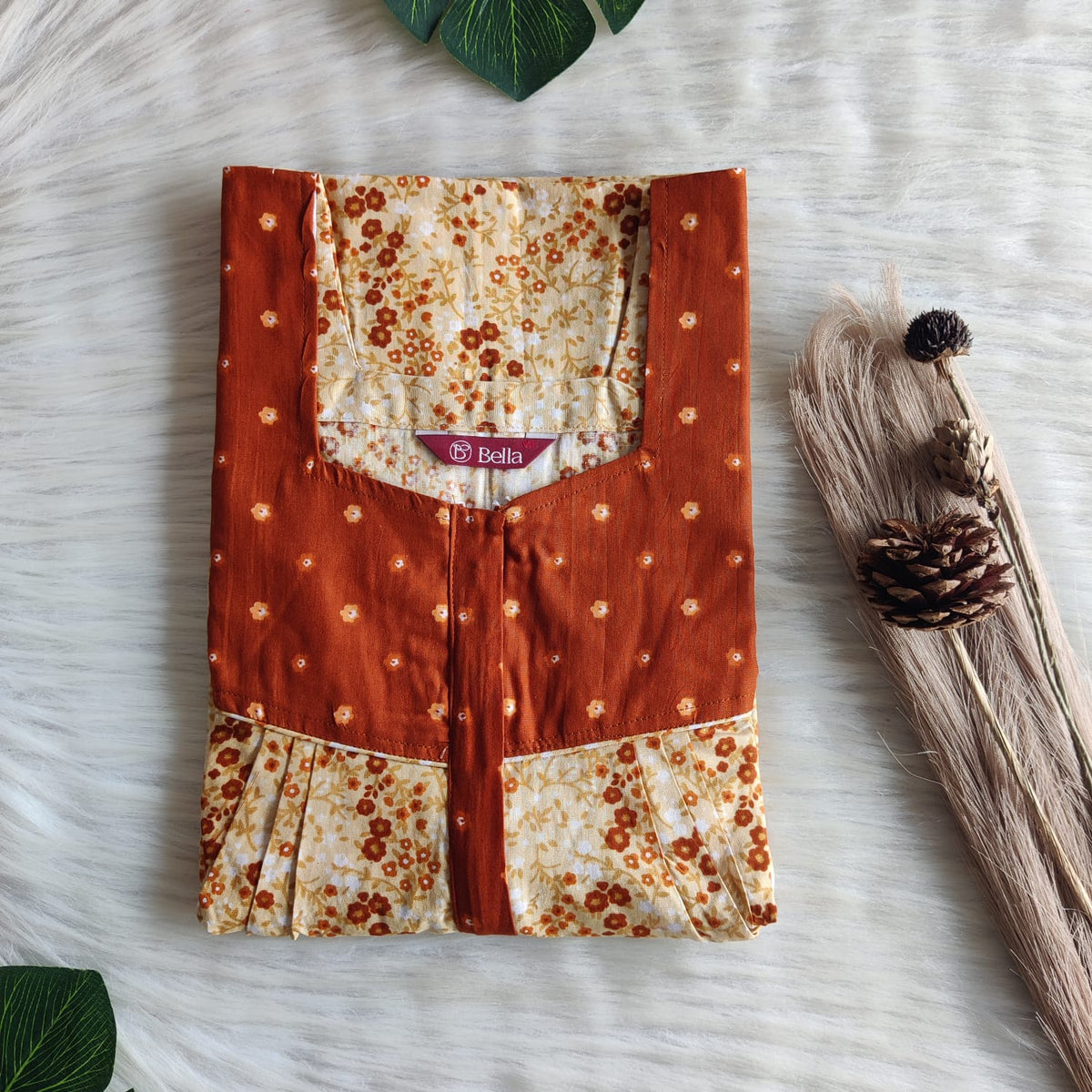 Brown And Yellow Printed Premium Cotton Square Neck Pleated Nighty | Free Size | Chest Width 44″| Length 55″-56″