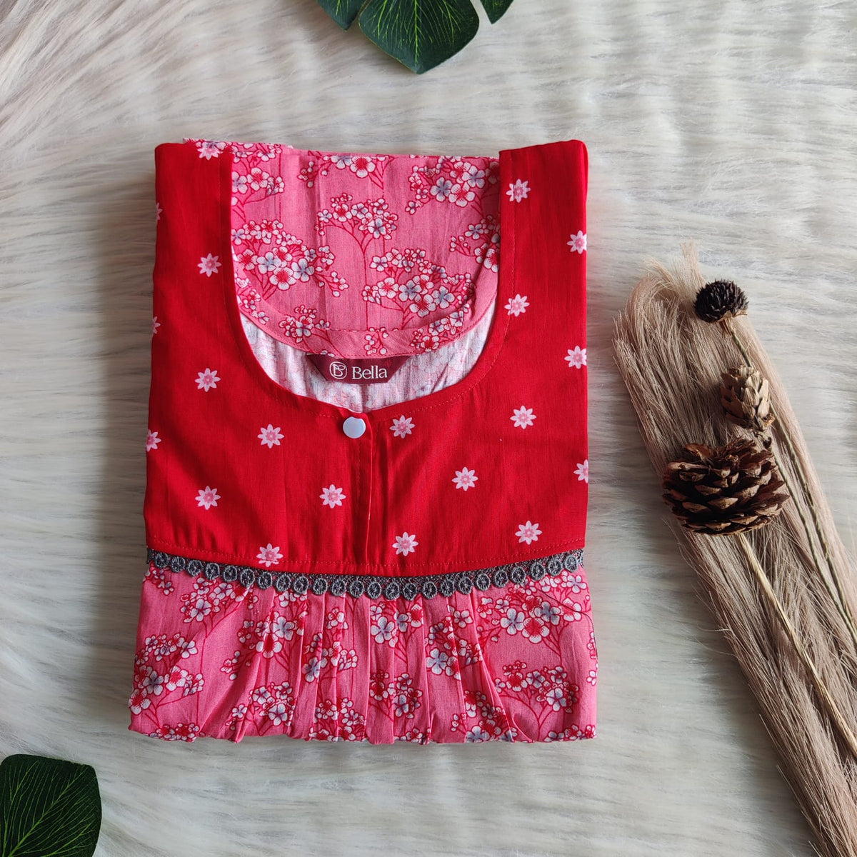 Red And Pink Printed Premium Cotton Lace Nighty | Free Size | Chest Width 44″| Length 54″-56″