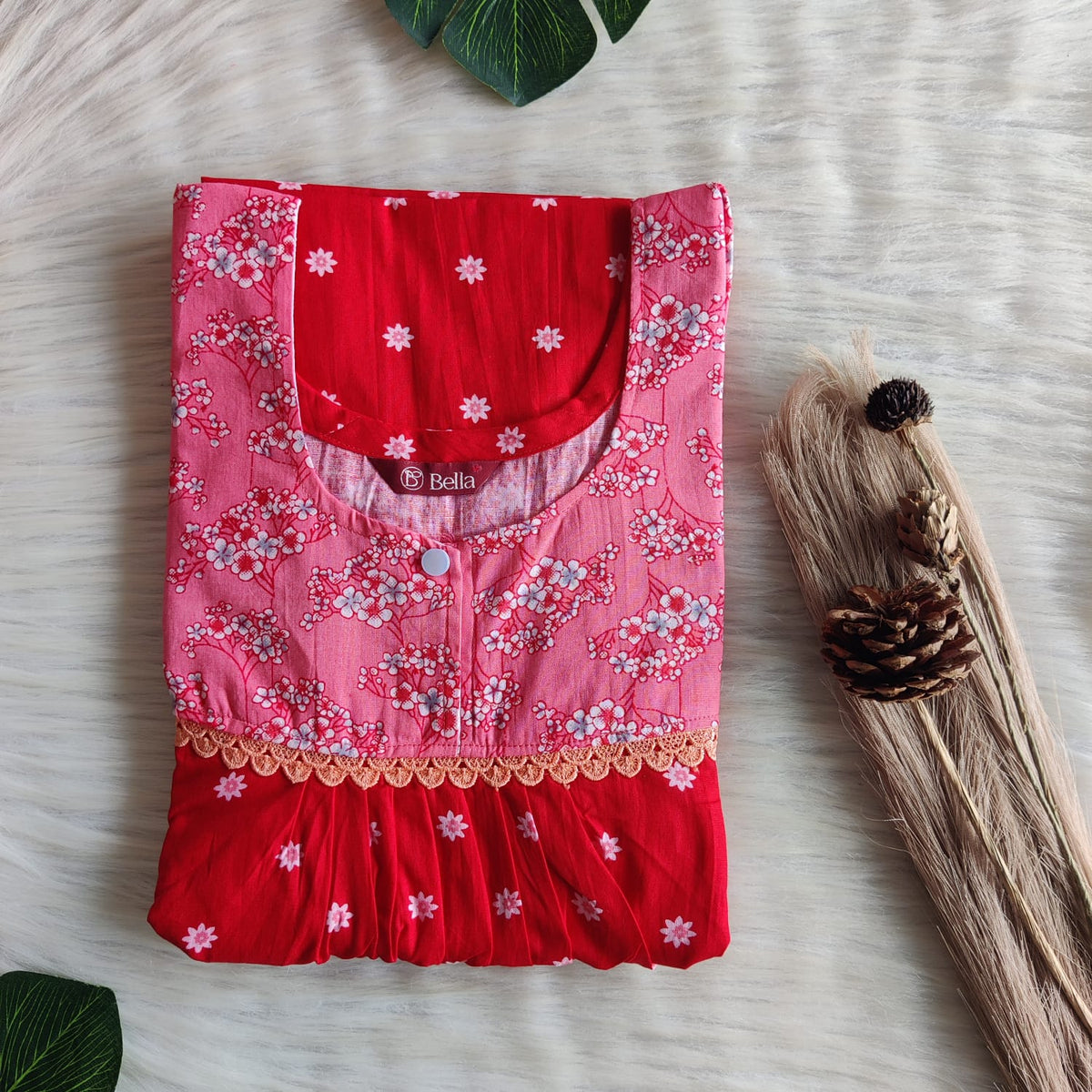 Pink And Red Printed Premium Cotton Lace Nighty | Free Size | Chest Width 44″| Length 54″-56″