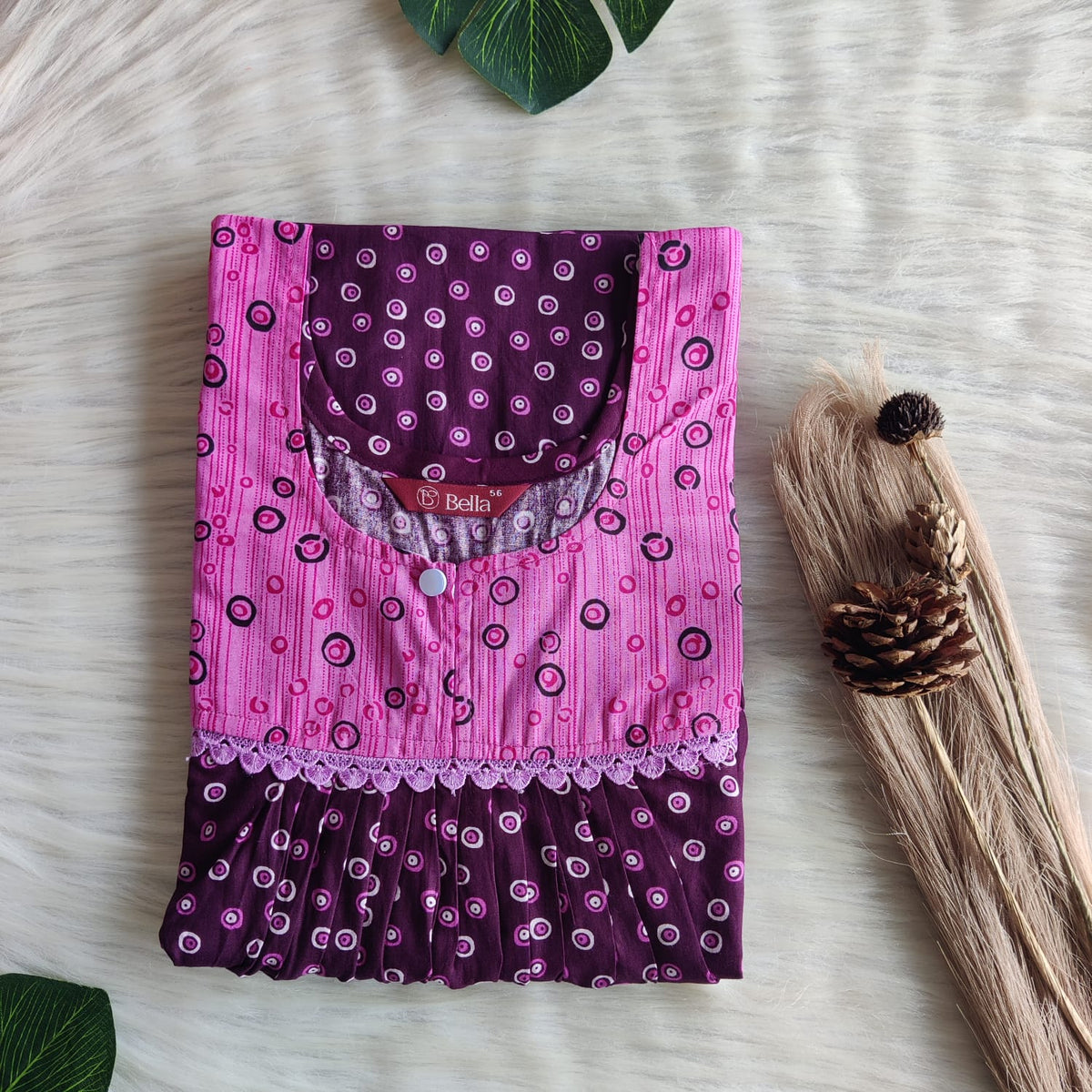 Pink And Purple Printed Premium Cotton Lace Nighty | Free Size | Chest Width 44″| Length 54″-56″
