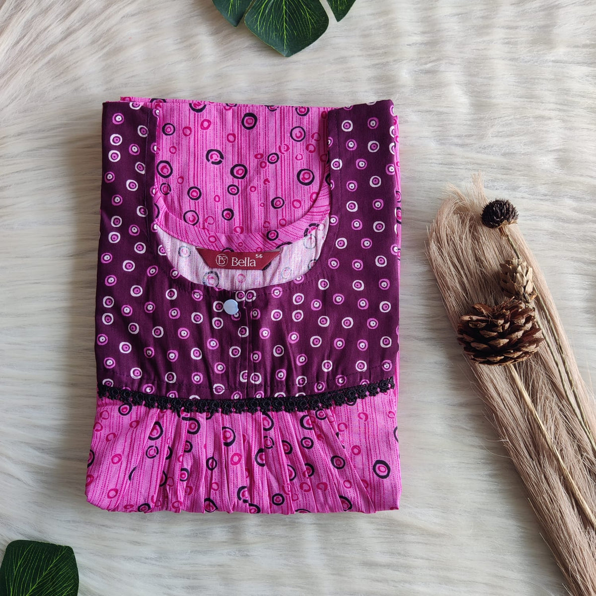 Purple And Pink Printed Premium Cotton Lace Nighty | Free Size | Chest Width 44″| Length 54″-56″