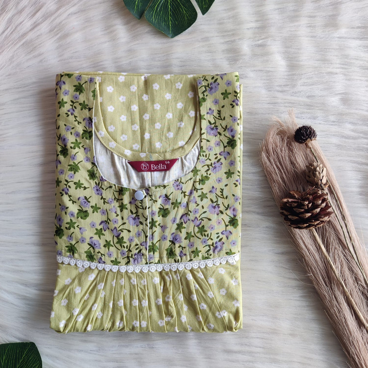 Grey And Green Printed Premium Cotton Lace Nighty | Free Size | Chest Width 44″| Length 54″-56″