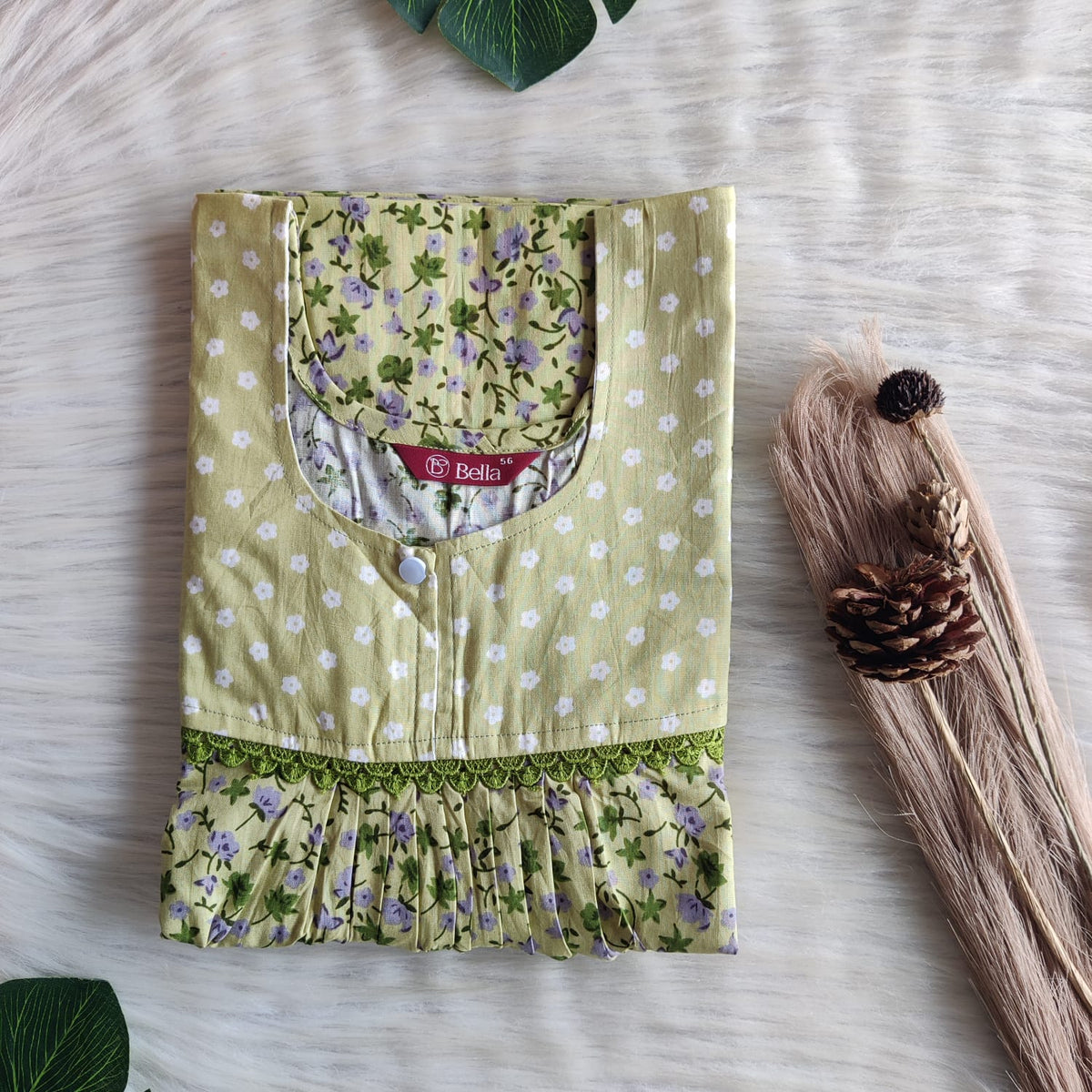 Green And Grey Floral Printed Premium Cotton Lace Nighty | Free Size | Chest Width 44″| Length 54″-56″