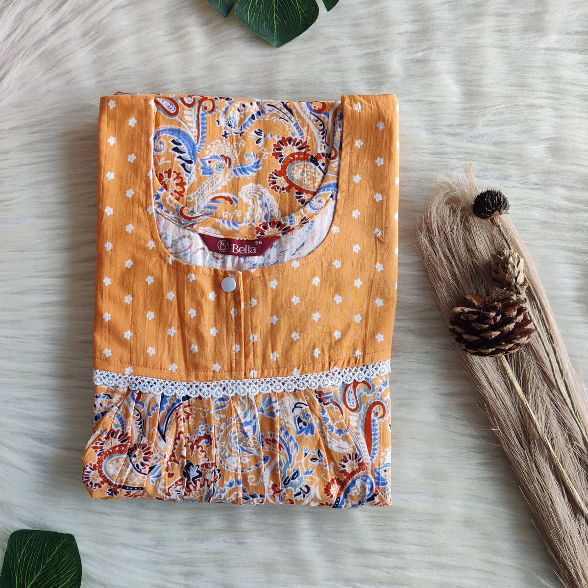 Orange And Blue Printed Premium Cotton Lace Nighty | Free Size | Chest Width 44″| Length 54″-56″