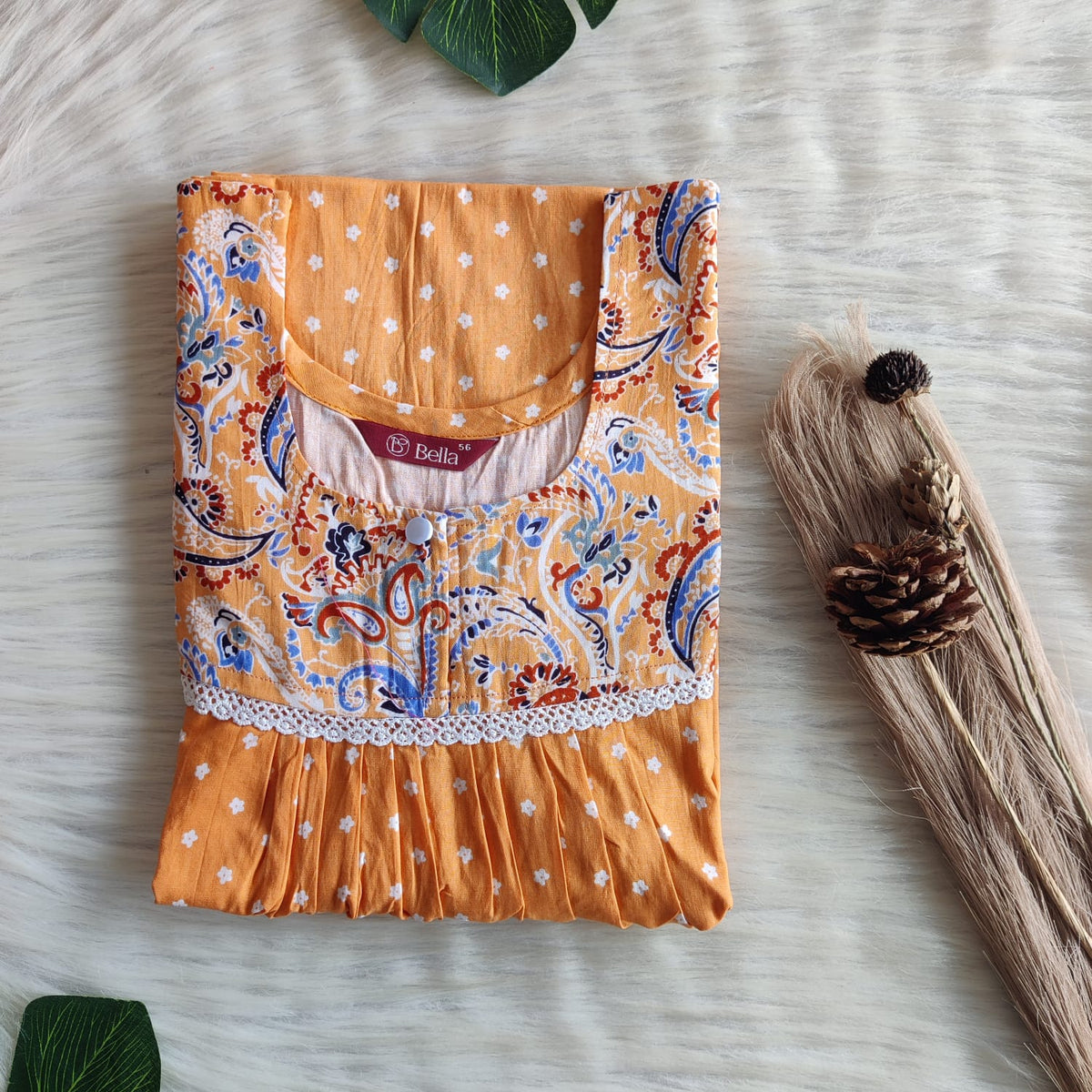 Blue And Orange Printed Premium Cotton Lace Nighty | Free Size | Chest Width 44″| Length 54″-56″