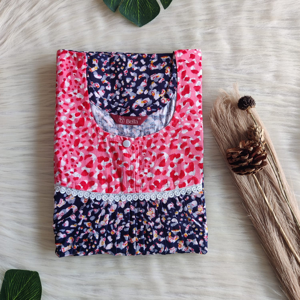 Pink And Navy Blue Printed Premium Cotton Lace Nighty | Free Size | Chest Width 44″| Length 54″-56″