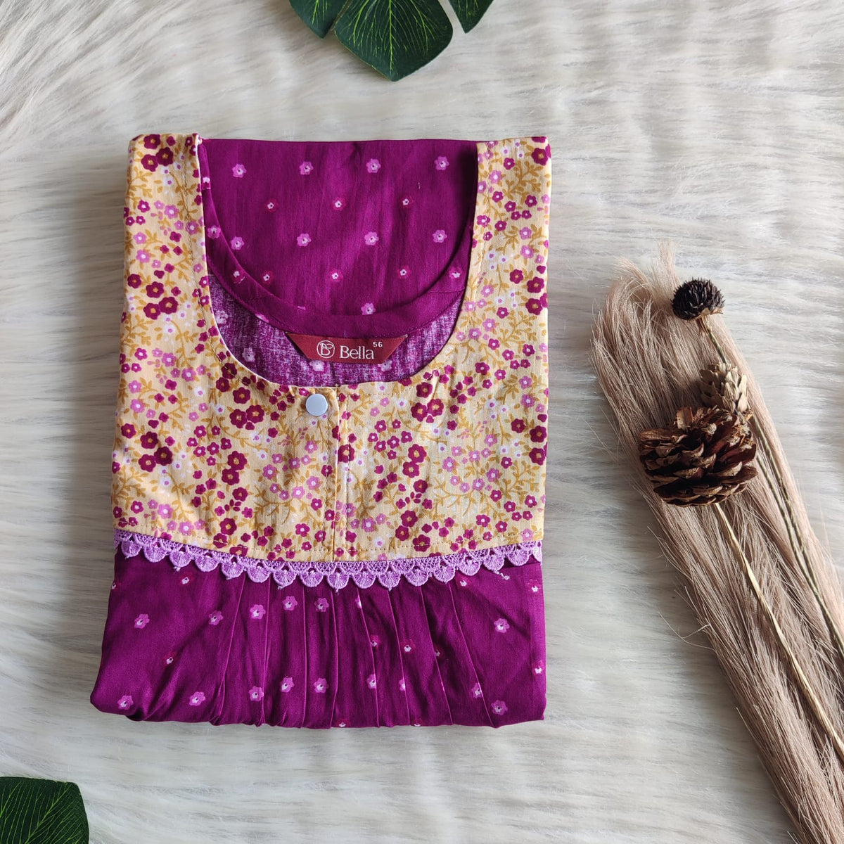 Yellow And Wine Printed Premium Cotton Lace Nighty | Free Size | Chest Width 44″| Length 54″-56″