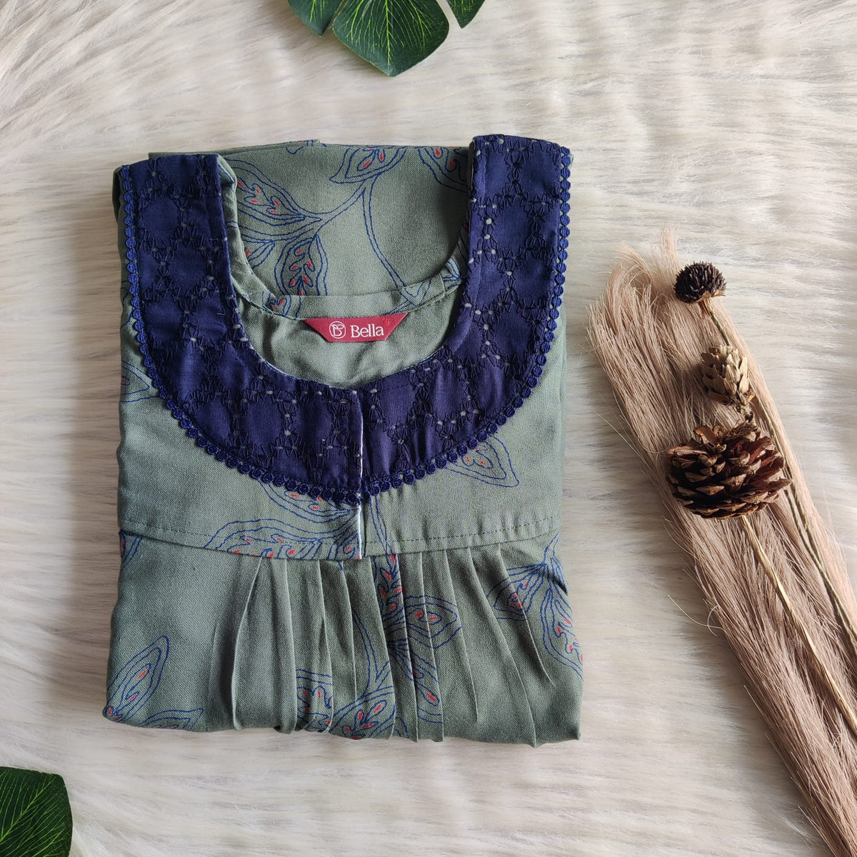 Pastel Green Printed Alfine Plus Size Hakoba Lace Nighty | Chest Width 50″| Length 56″