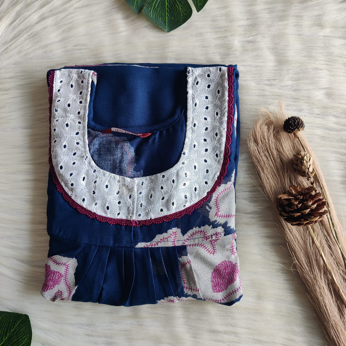 Navy Blue Printed Alfine Plus Size Hakoba Lace Nighty | Chest Width 50″| Length 56″