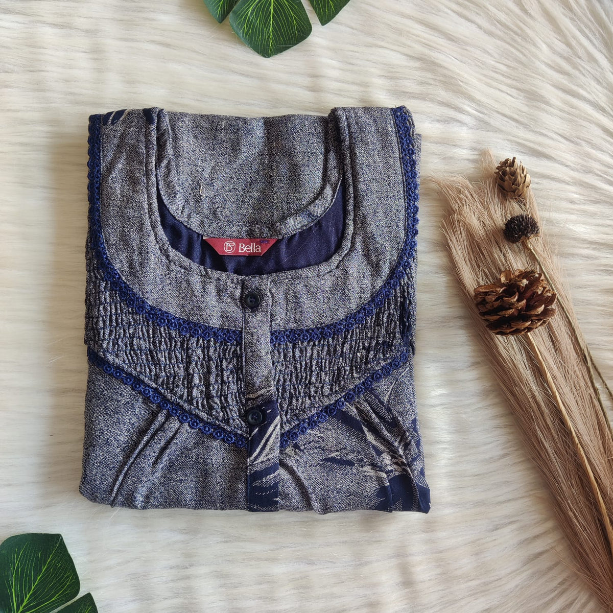 Navy Blue Printed Alfine Smoke Lace Button Nighty | Free Size | Chest Width 44″| Length 60″