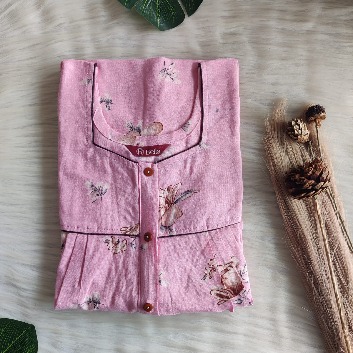 Pastel Pink Printed Alpine Plus Size Button Zip Nighty | Free Size | Chest Width 50″| Length 55″-56″