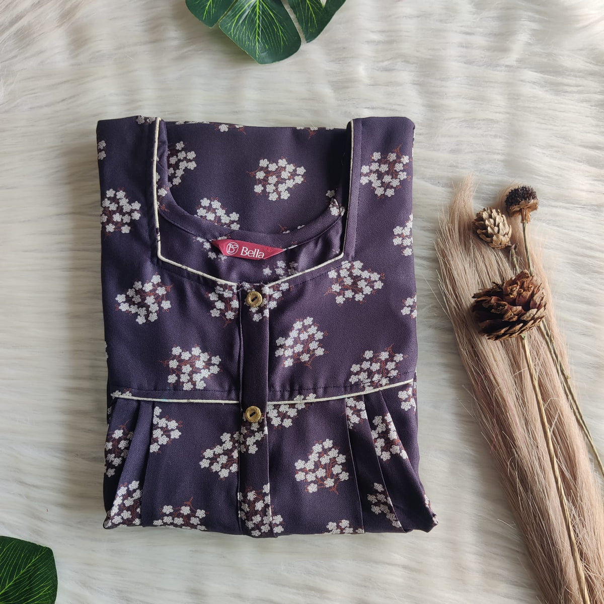 White Floral Printed Grey Alpine Plus Size Button Zip Nighty | Free Size | Chest Width 50″| Length 55″-56″