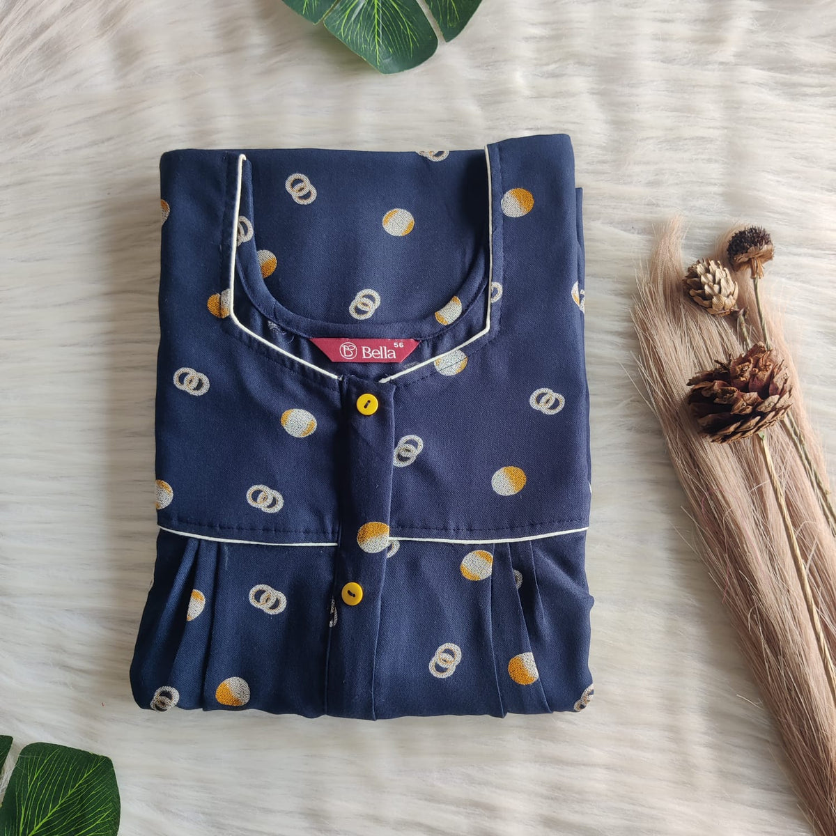 Navy Blue Dot Printed Alpine Plus Size Button Zip Nighty | Free Size | Chest Width 50″| Length 55″-56″