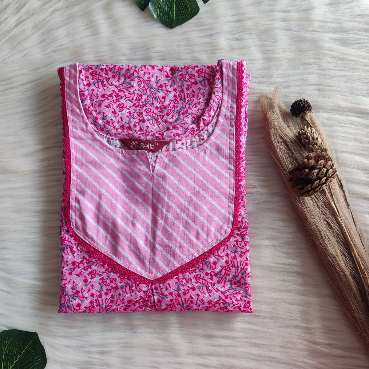 Pale And Dark Pink Floral Printed Premium Cotton Mix N Match Lace Pocket Nighty | Free Size | Chest Width 44″| Length 56″