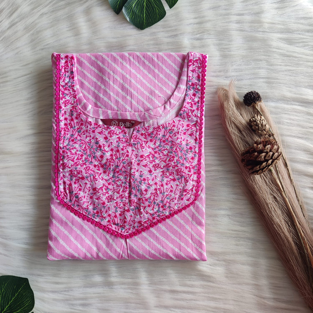 Dark And Pale Pink Stripes Printed Premium Cotton Mix N Match Lace Pocket Nighty | Free Size | Chest Width 44″| Length 56″