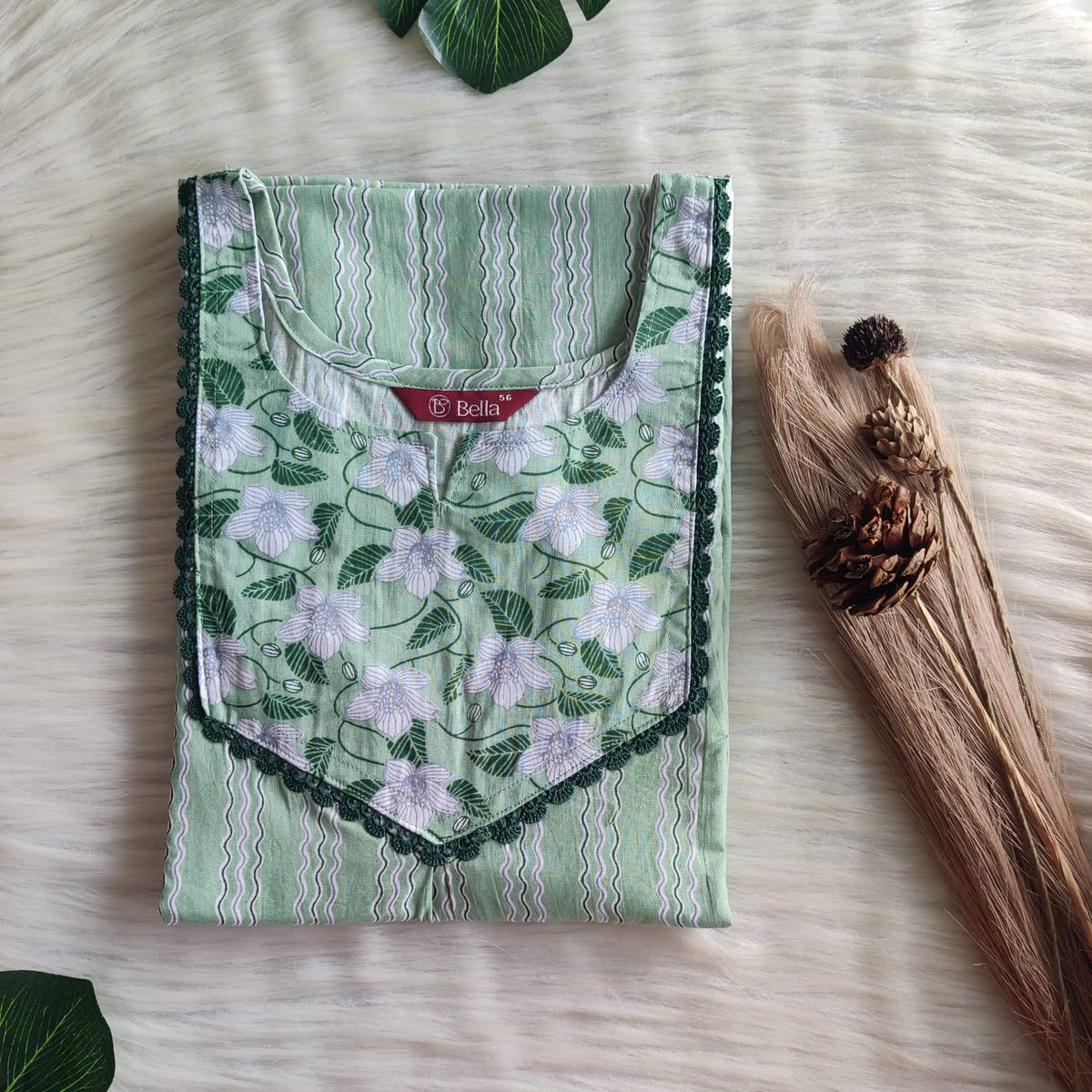 White And Green Printed Premium Cotton Mix N Match Lace Pocket Nighty | Free Size | Chest Width 44″| Length 56″