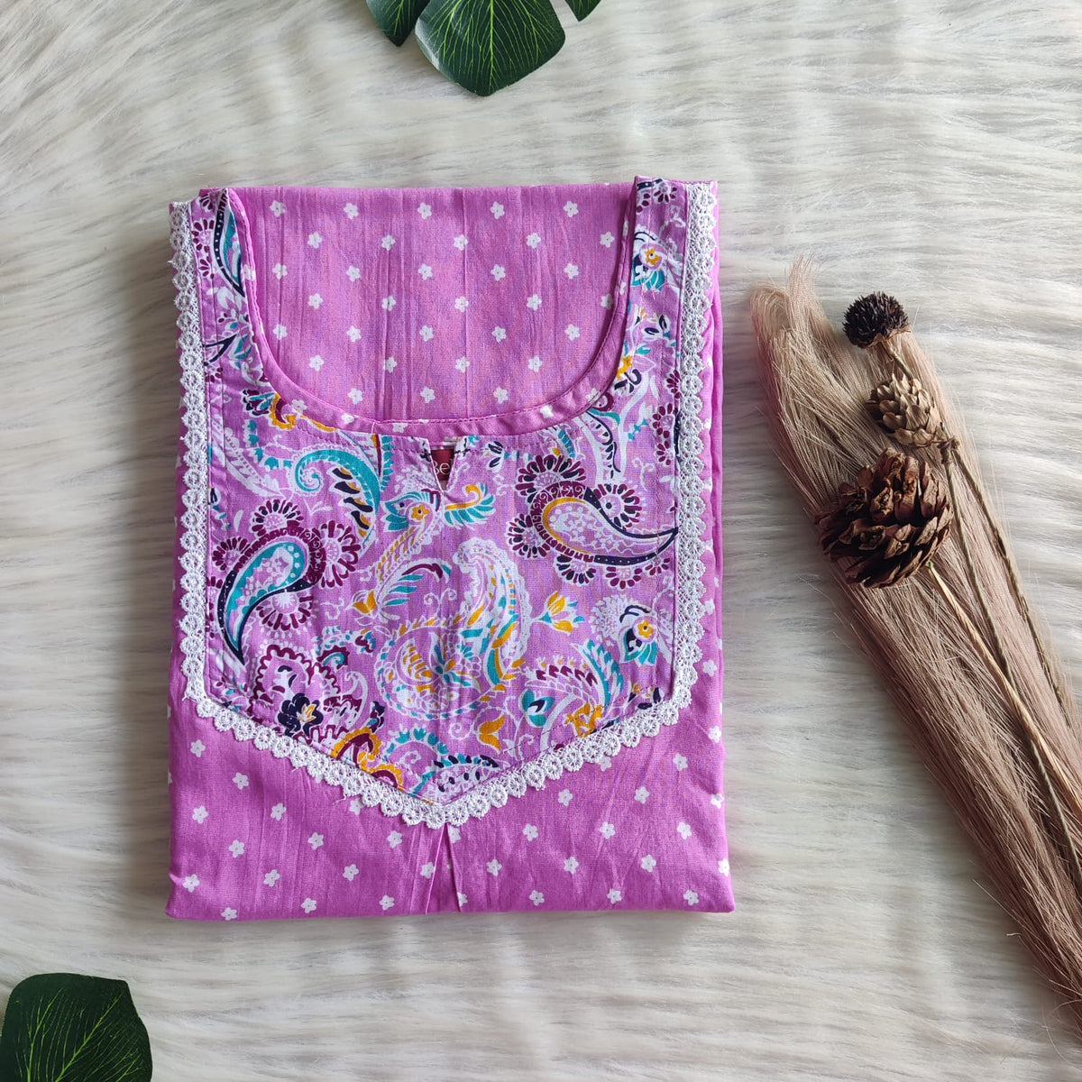 Blue And Pink Printed Premium Cotton Mix N Match Lace Pocket Nighty | Free Size | Chest Width 44″| Length 56″