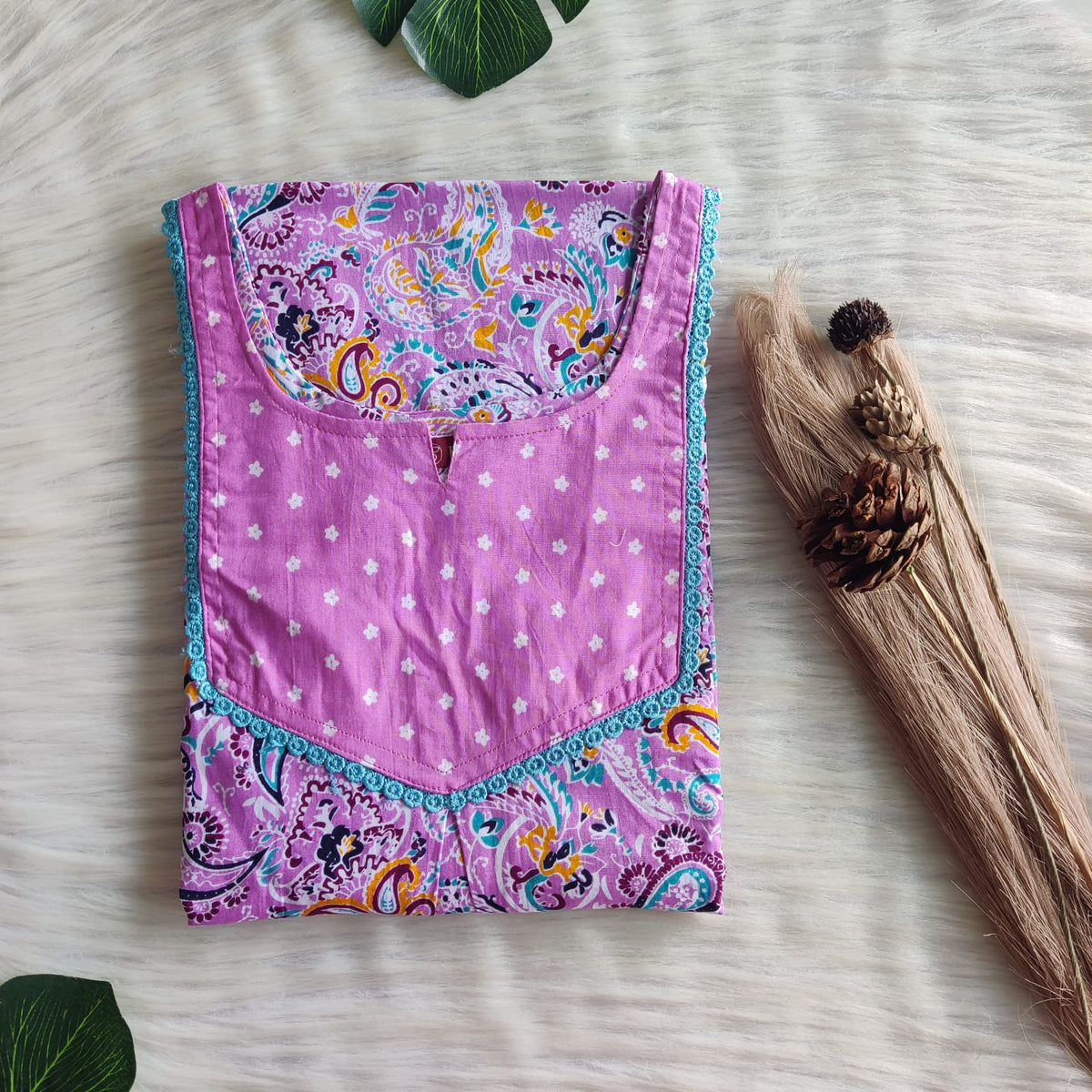 Pink And Blue Printed Premium Cotton Mix N Match Lace Pocket Nighty | Free Size | Chest Width 44″| Length 56″
