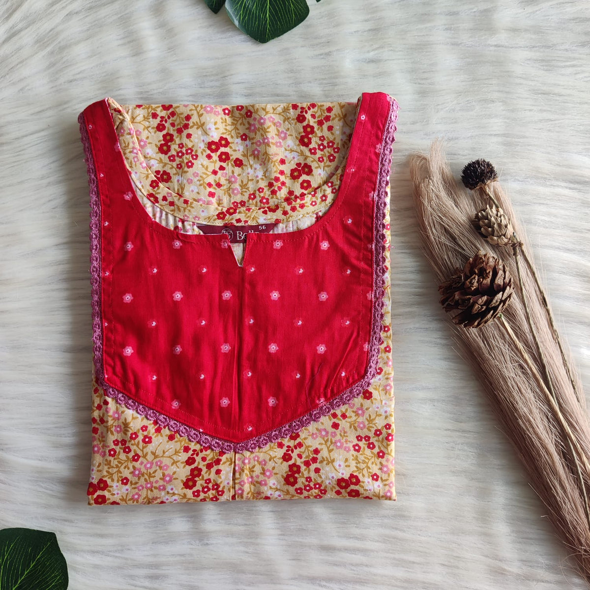 Red And Yellow Printed Premium Cotton Mix N Match Lace Pocket Nighty | Free Size | Chest Width 44″| Length 56″