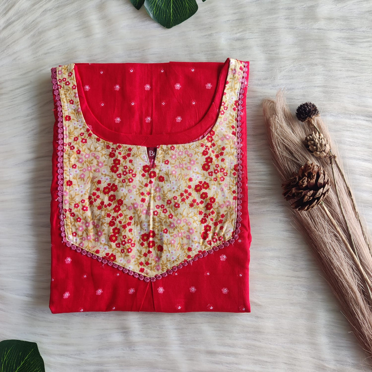 Yellow And Red Printed Premium Cotton Mix N Match Lace Pocket Nighty | Free Size | Chest Width 44″| Length 56″