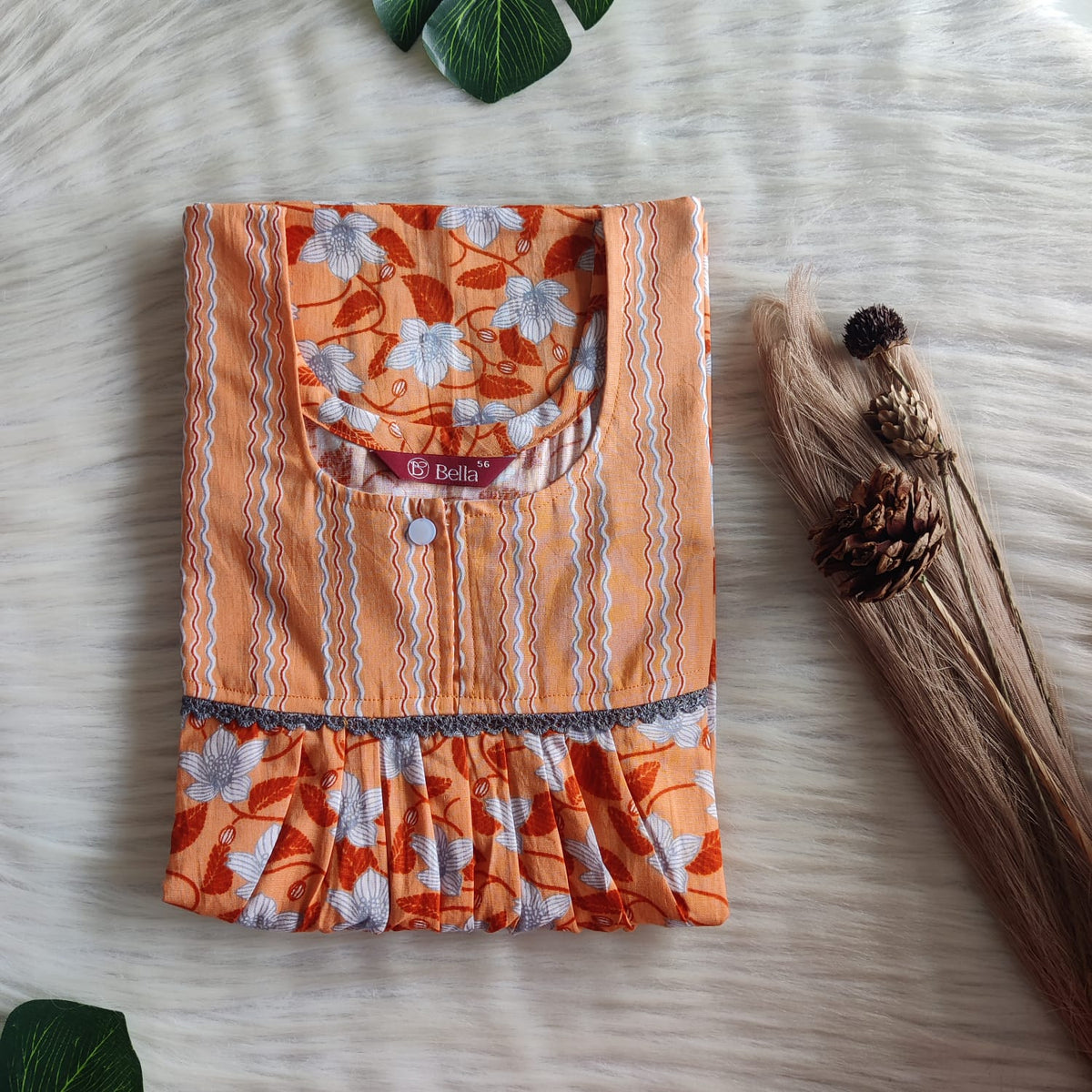 Orange And White Floral Printed Premium Cotton Lace Nighty | Free Size | Chest Width 44″| Length 54″-56″