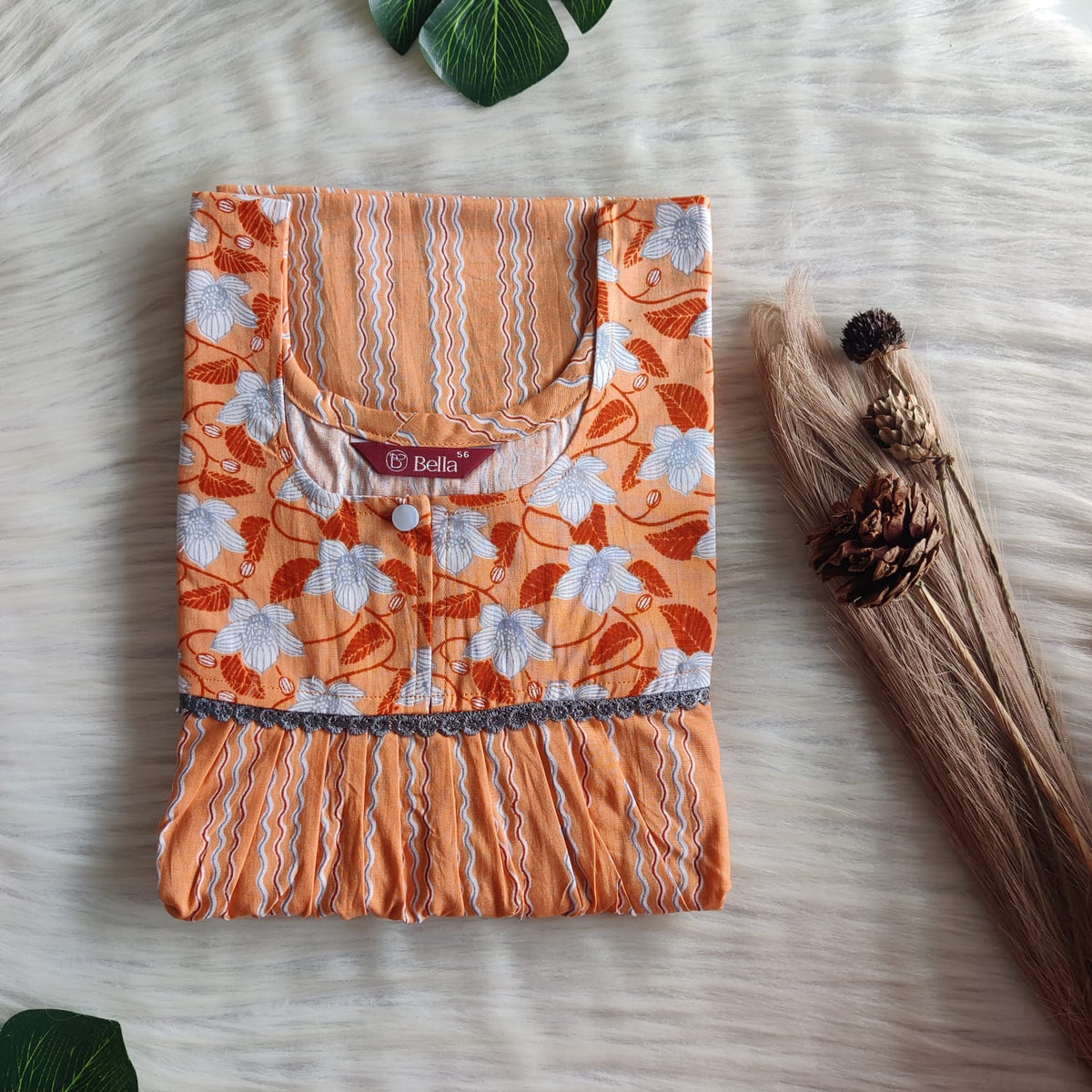 White And Orange Printed Premium Cotton Lace Nighty | Free Size | Chest Width 44″| Length 54″-56″