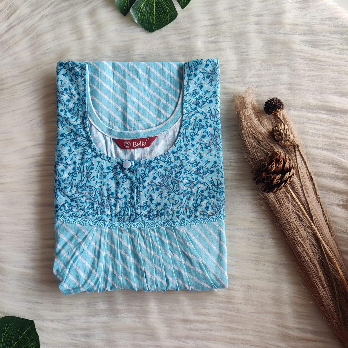 Dark And Pale Blue Printed Premium Cotton Lace Nighty | Free Size | Chest Width 44″| Length 54″-56″