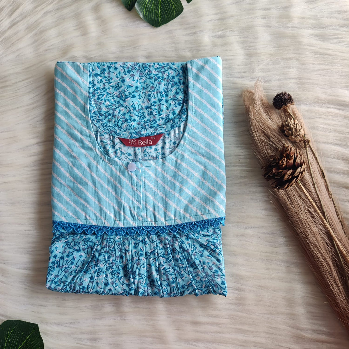 Pale And Dark Blue Printed Premium Cotton Lace Nighty | Free Size | Chest Width 44″| Length 54″-56″