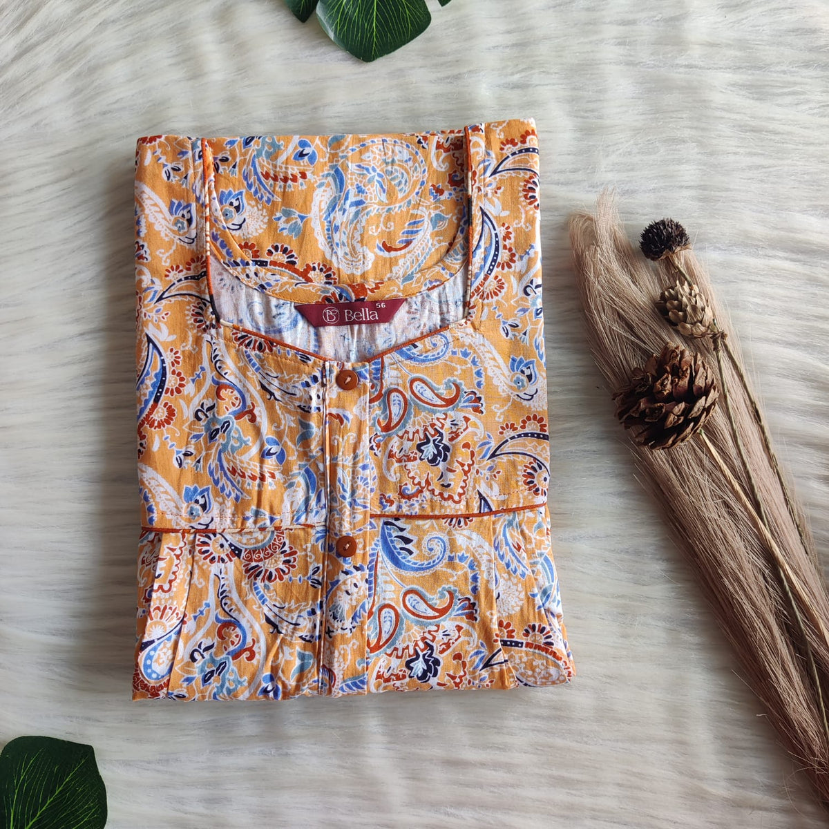 Orange Kalamkari Printed Premium Cotton Button Zip Nighty | Free Size | Chest Width 44″| Length 55″-56″