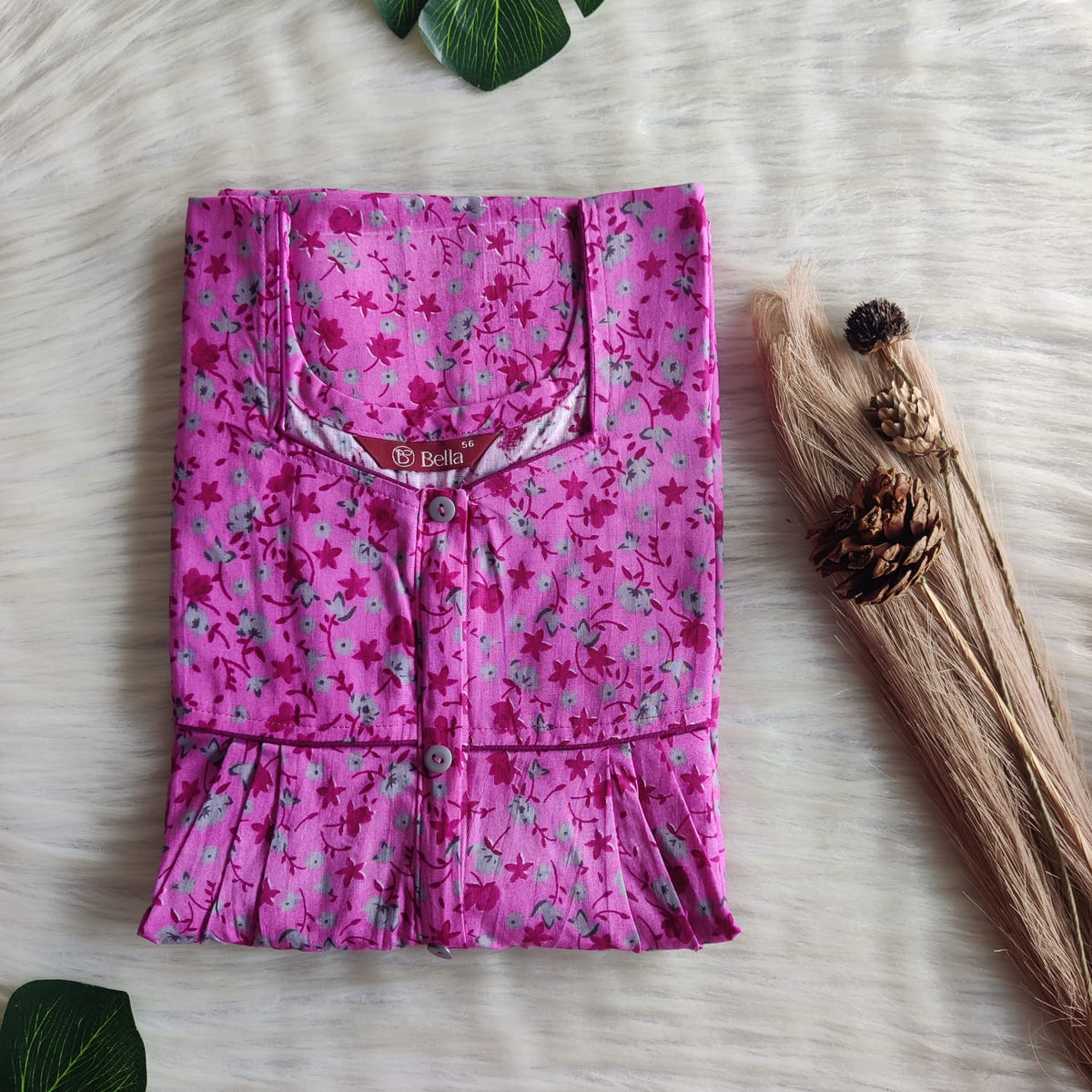 Pink Printed Premium Cotton Button Zip Nighty | Free Size | Chest Width 44″| Length 55″-56″