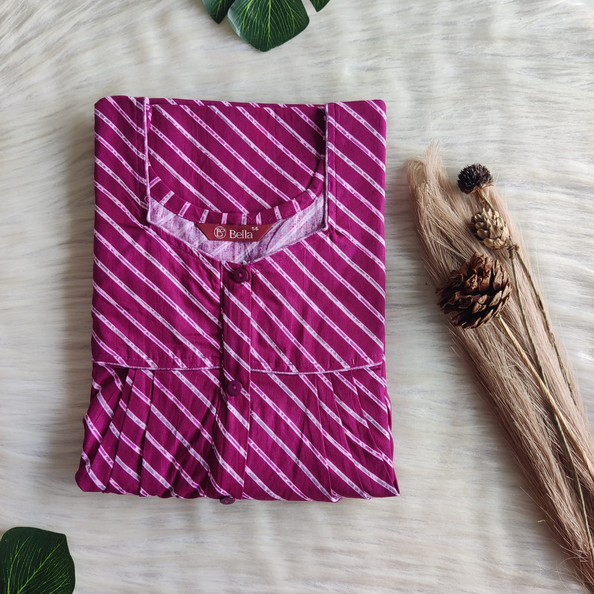Wine Stripe Printed Premium Cotton Button Zip Nighty | Free Size | Chest Width 44″| Length 55″-56″