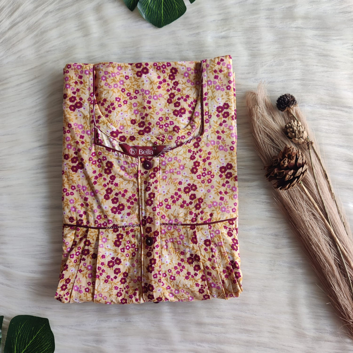 Purple Floral Printed Yellow Premium Cotton Button Zip Nighty | Free Size | Chest Width 44″| Length 55″-56″