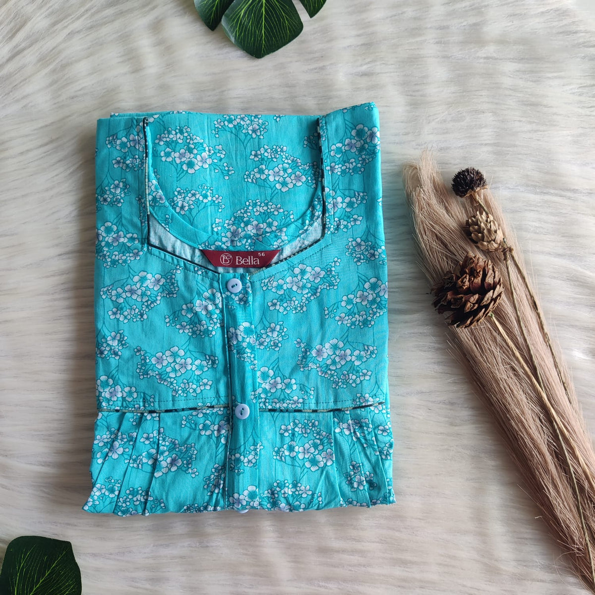 Blue Printed Premium Cotton Button Zip Nighty | Free Size | Chest Width 44″| Length 55″-56″