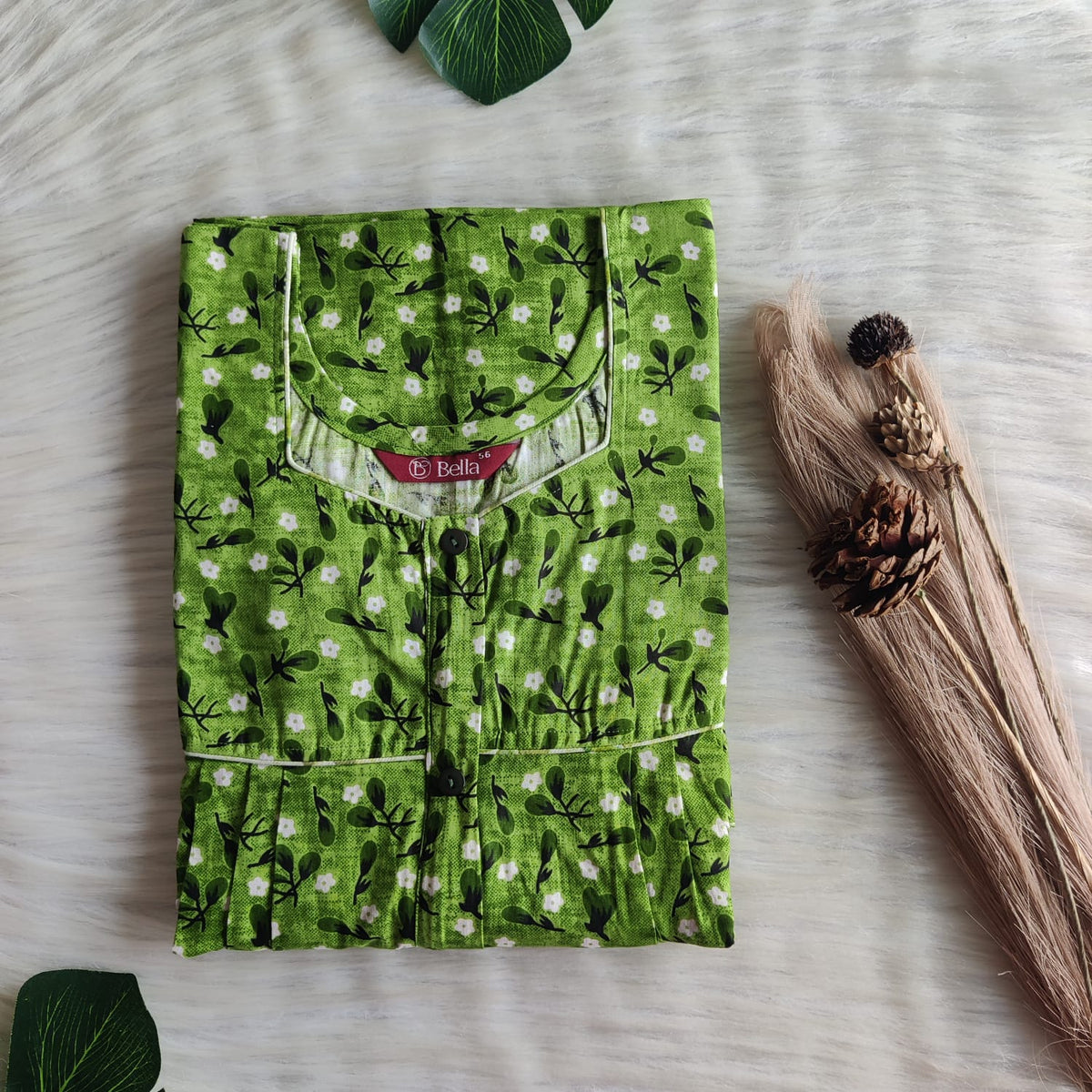 Green Printed Premium Cotton Button Zip Nighty | Free Size | Chest Width 44″| Length 55″-56″
