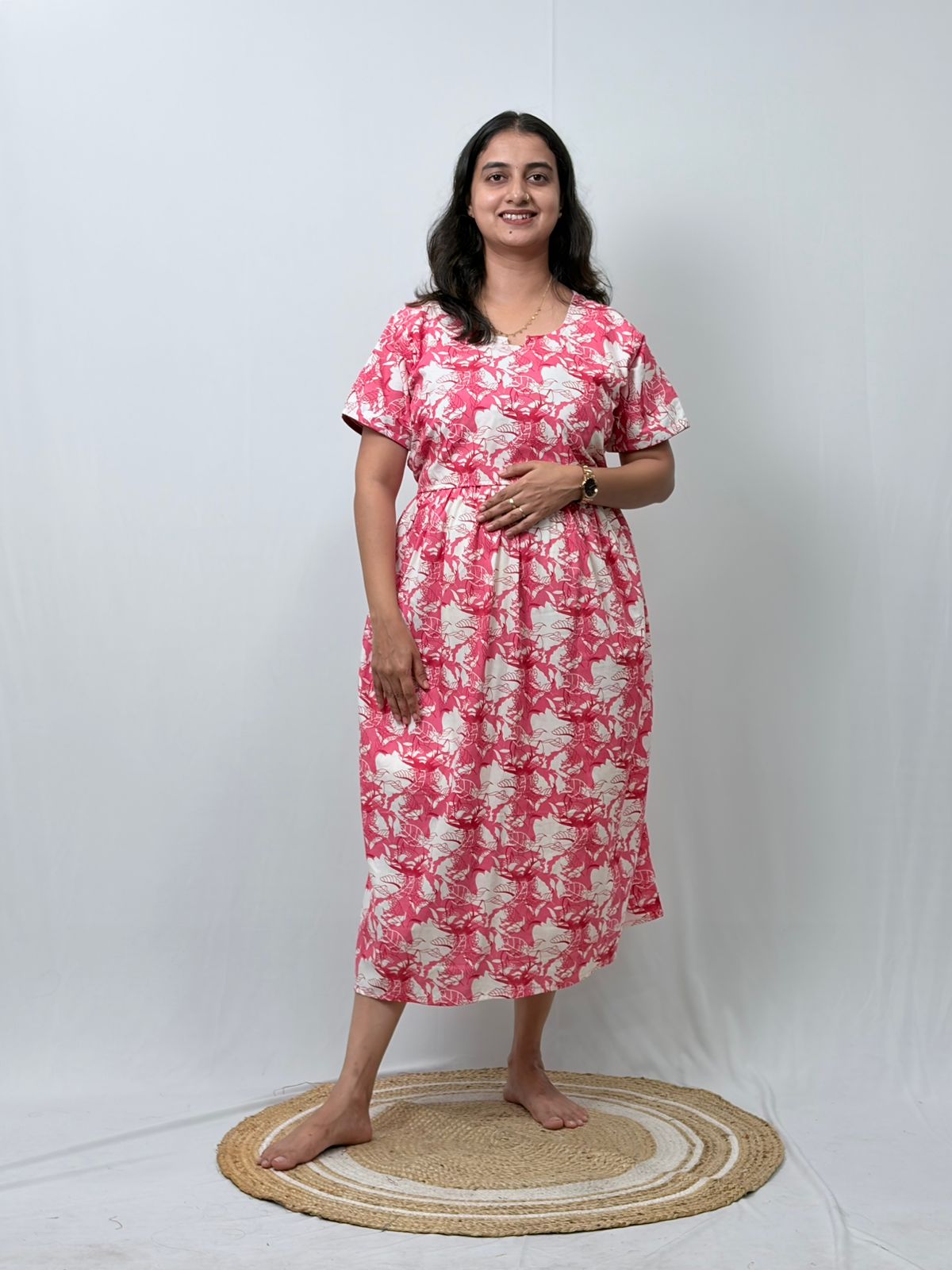 Peach And White Floral Printed Premium Cotton Buttonless Zipless Short Maternity Nighty | Free Size | Chest Width 44″| Length 46″