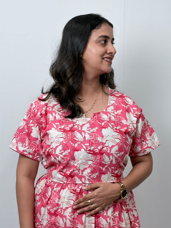 Peach And White Floral Printed Premium Cotton Buttonless Zipless Short Maternity Nighty | Free Size | Chest Width 44″| Length 46″