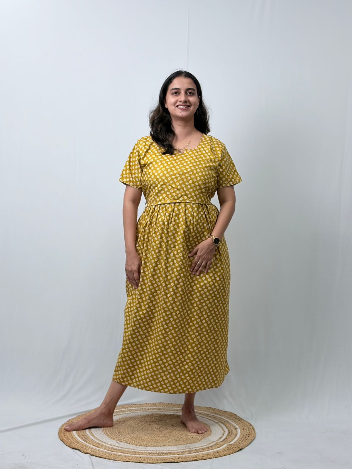 Olive Green Printed Premium Cotton Buttonless Zipless Short Maternity Nighty | Free Size | Chest Width 44″| Length 46″