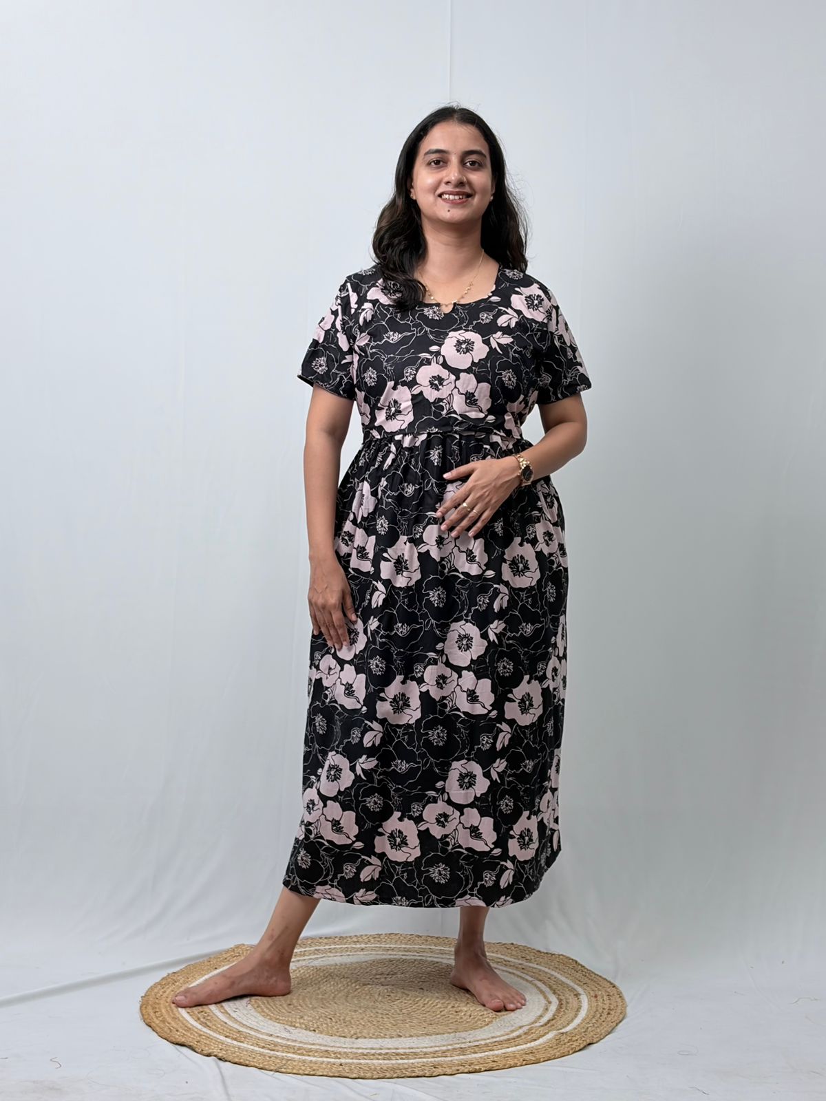 Black Floral Printed Premium Cotton Buttonless Zipless Short Maternity Nighty | Free Size | Chest Width 44″| Length 46″