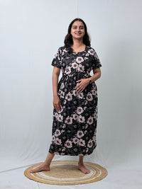 Black Floral Printed Premium Cotton Buttonless Zipless Short Maternity Nighty | Free Size | Chest Width 44″| Length 46″