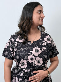 Black Floral Printed Premium Cotton Buttonless Zipless Short Maternity Nighty | Free Size | Chest Width 44″| Length 46″